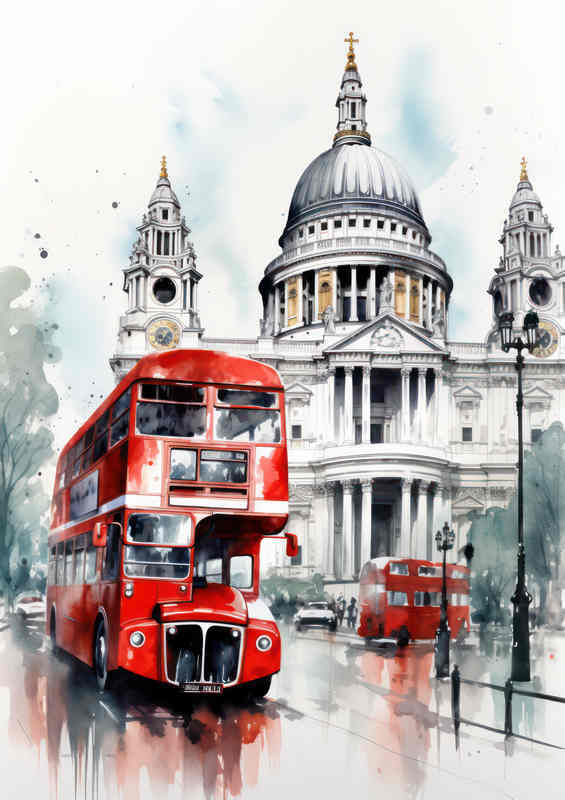 A drawing in watercolor of a red bus with big windows
