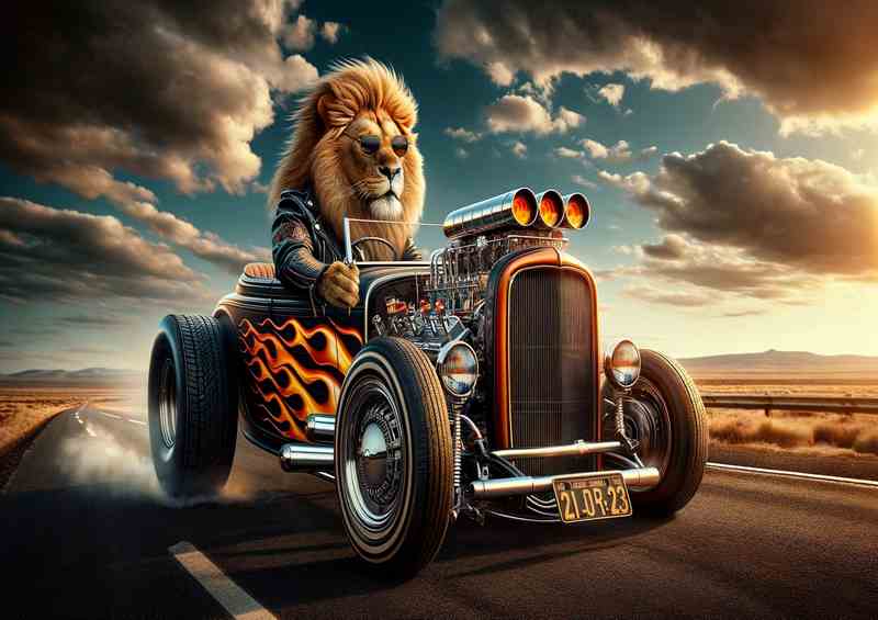 Solo Lion Driving an American Hot Rod