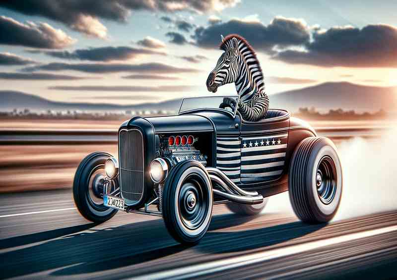 Solo Zebra Driving an American Hot Rod