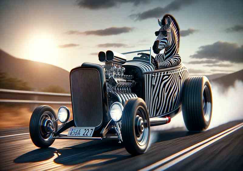 Zebra Driving an American Hot Rod