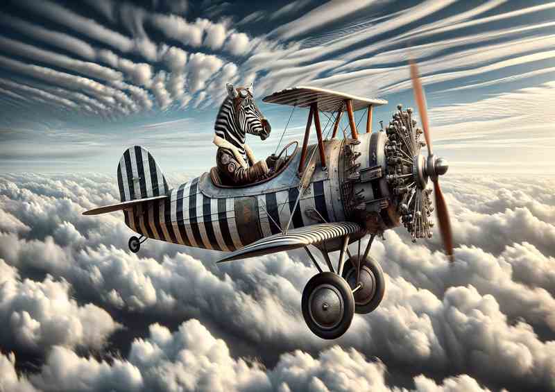 Zebra Piloting a Bi Plane with Spinning Propeller