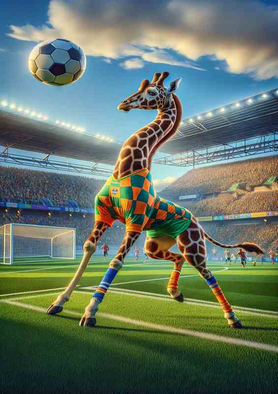 Giraffe Playing Football in Soccer Outfit
