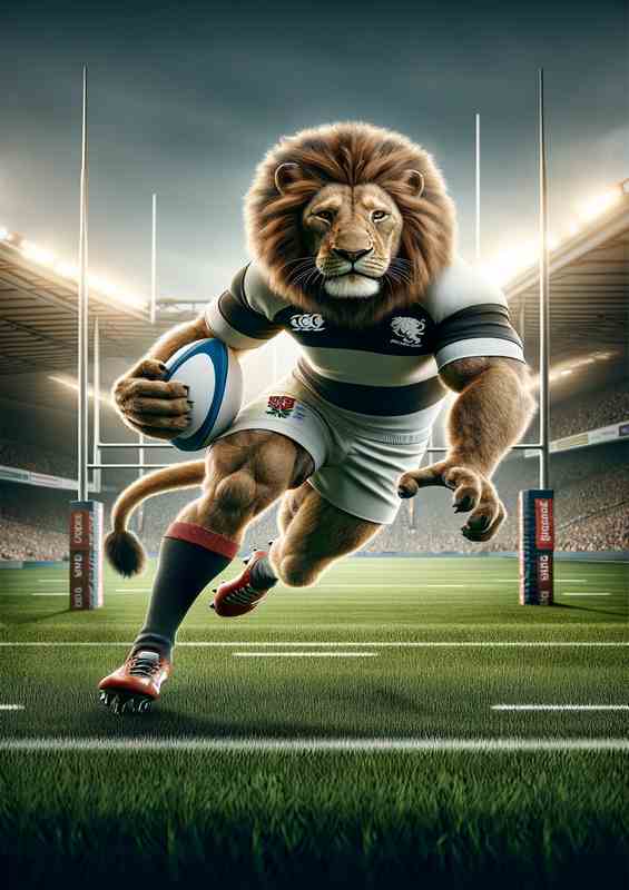 Lion Playing Rugby in Rugby Outfit