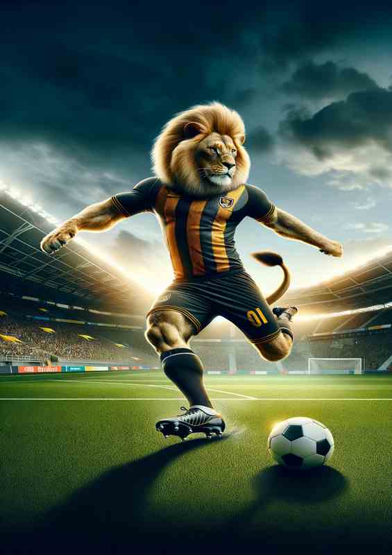 Lion Playing Soccer in Soccer Outfit in the stadium
