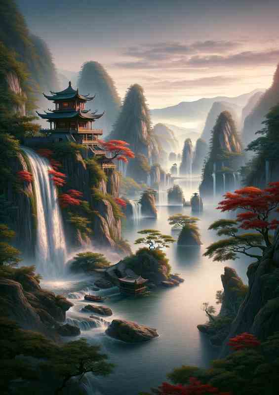 Ancient Chinese Landscape with Waterfall