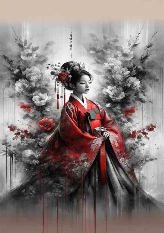 Elegant Asian Beauty Traditional Red Hanbok