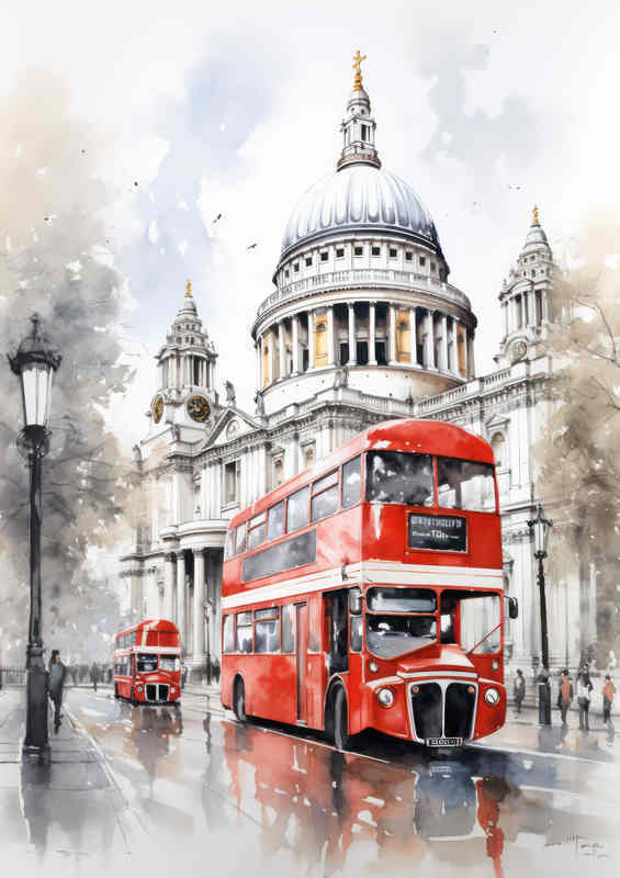 London Bus Outside st pauls watercolour style