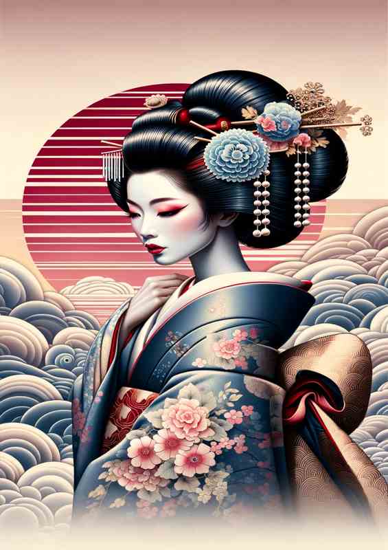 Geisha Beauty Traditional Japanese Art in blue