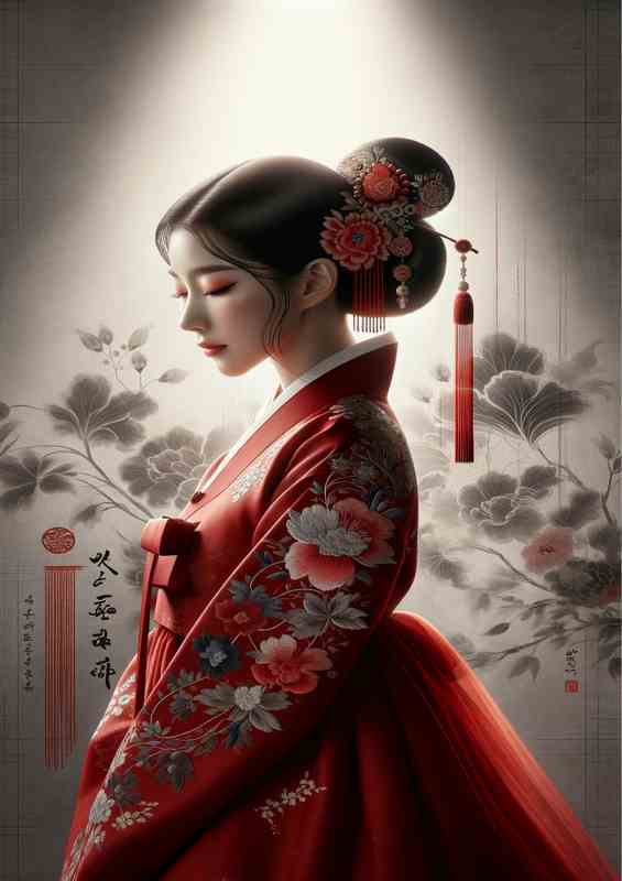Graceful Red Hanbok Artistic  Composition