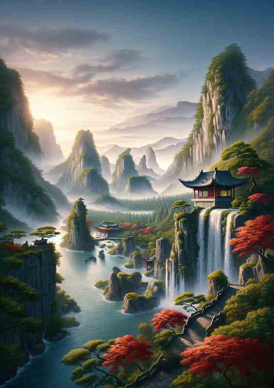 Tranquil Ancient Chinese Landscape with Waterfal