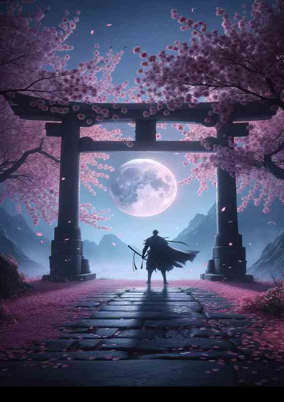 Warriors Contemplation under Sakura Moonlight