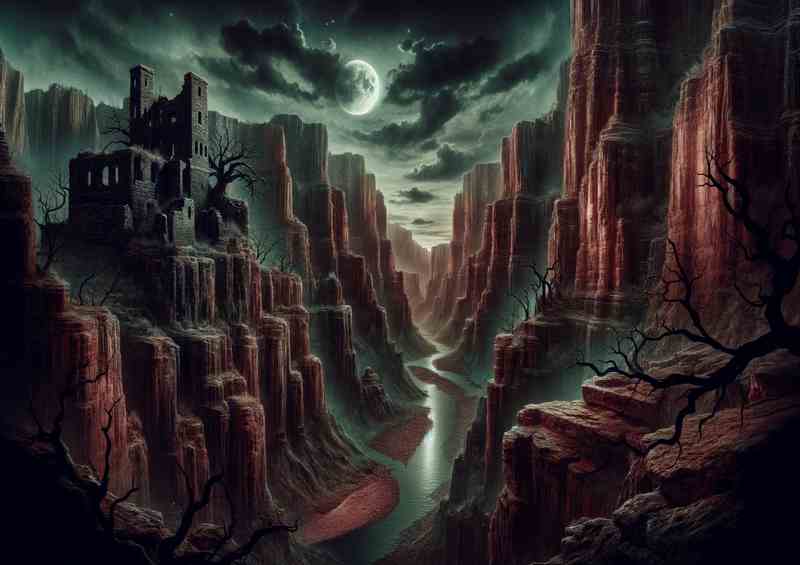 Gothic Crimson grand canyon under a gothic moonlit sky