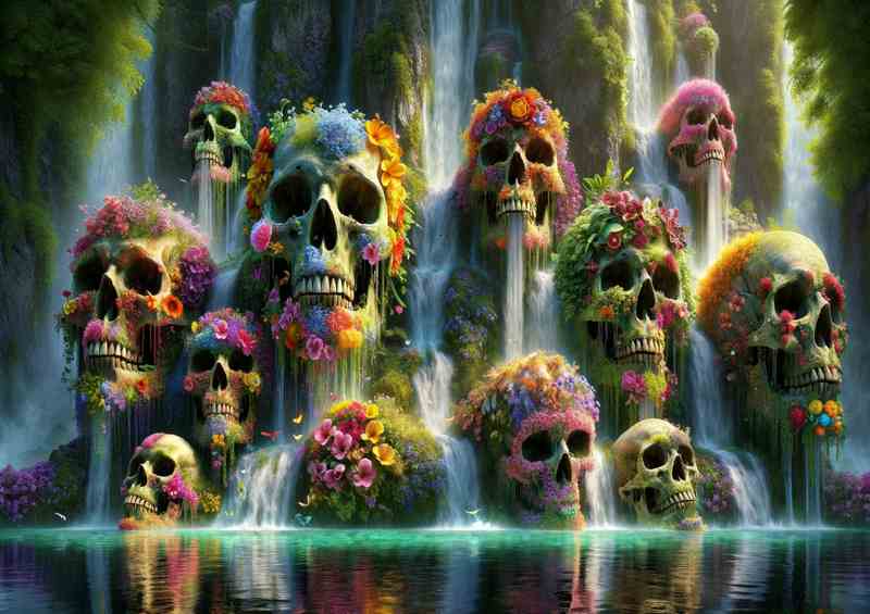 Skeletal Floral Cascade down a vibrant floral waterfall