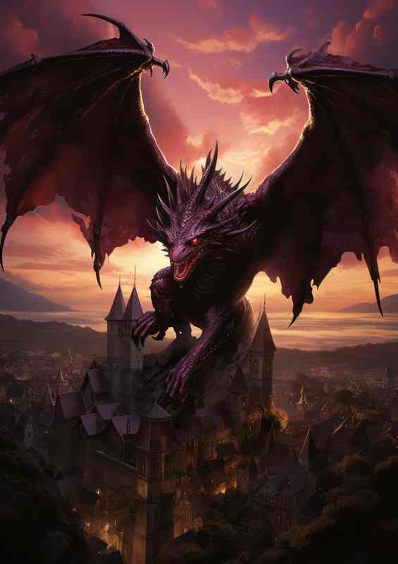 A Dragon flying high over the town and castle