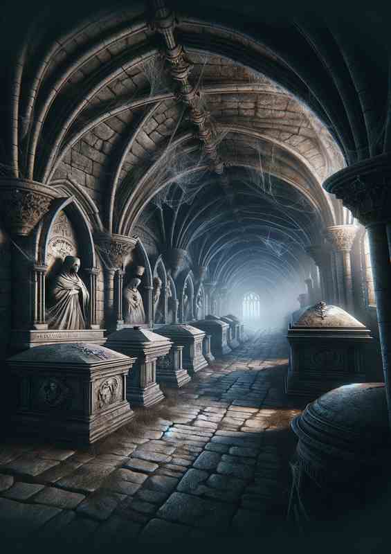 Forgotten Gothic Crypt Stone sarcophagi line the walls