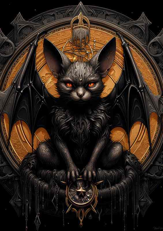 A bat sitting on the moon and holding a pentagram
