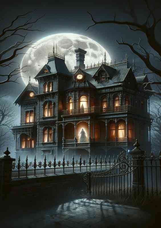 Victorian Ghost Manor under the full moon