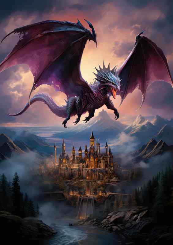 A blue dragon flying over a castle