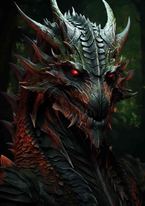 A green and red dragon with fanged teeth
