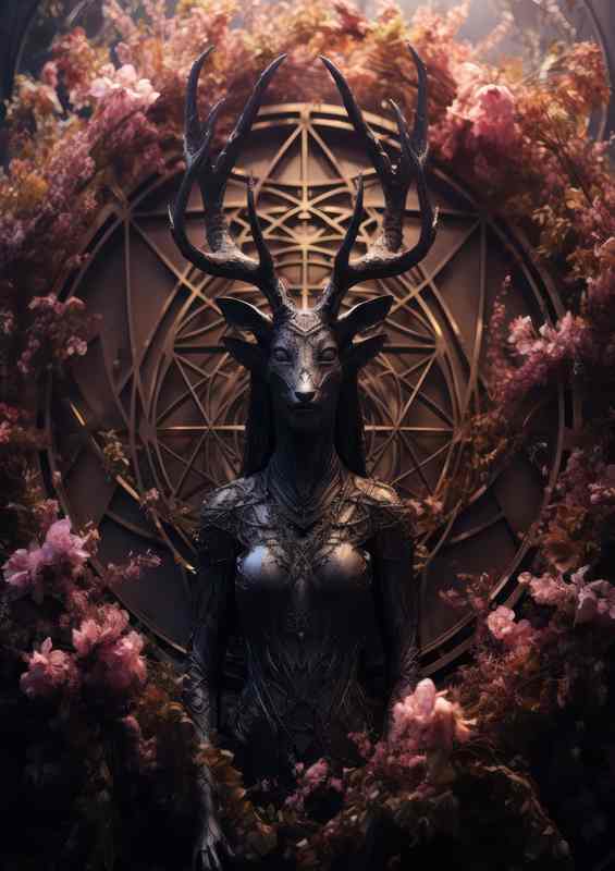 A pentagram is surrounded by trees and flowers