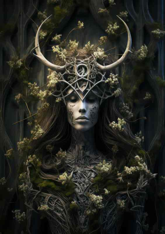 A pentagram is surrounded by trees green