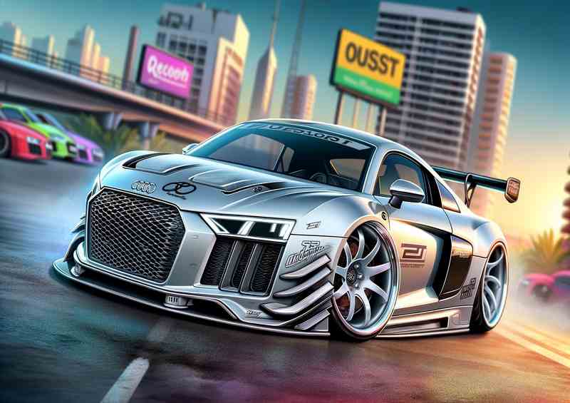 Audi R8 with extremely exaggerated features in silver
