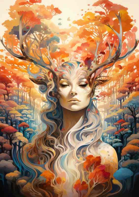 A woman with large horns in the autumn