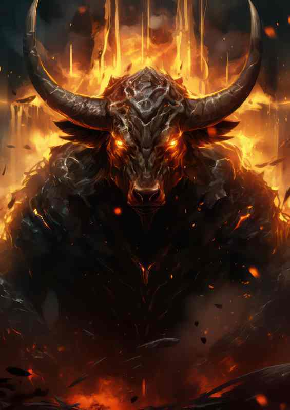 Bull in a fantasy battle red firey eyes