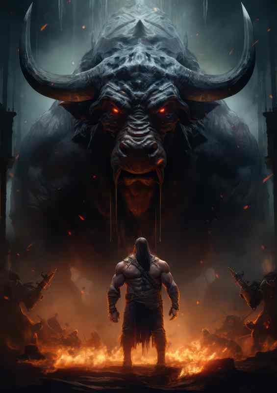 Bull in a fantasy battle vs man