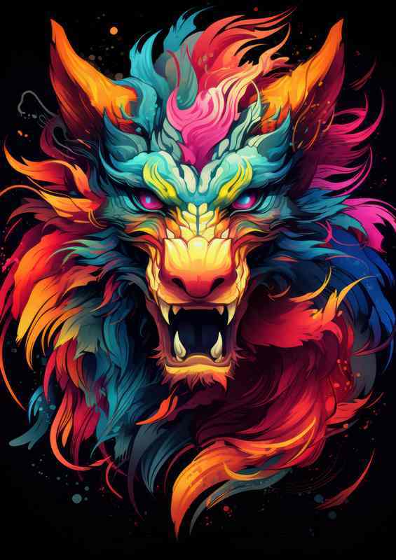 Colorful dragon head on black background