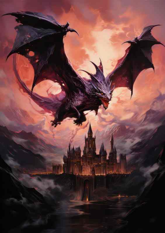 Dragon flying over a castle with fire skies