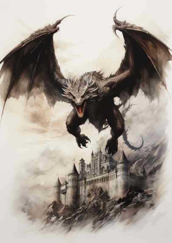 Drawing style of an angry dragon flying over a castle