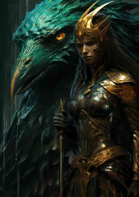 Green mermaid next to a crow