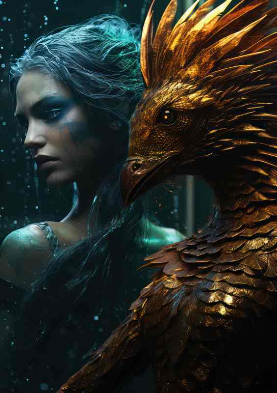 Green mermaid next to a majestic Phonix
