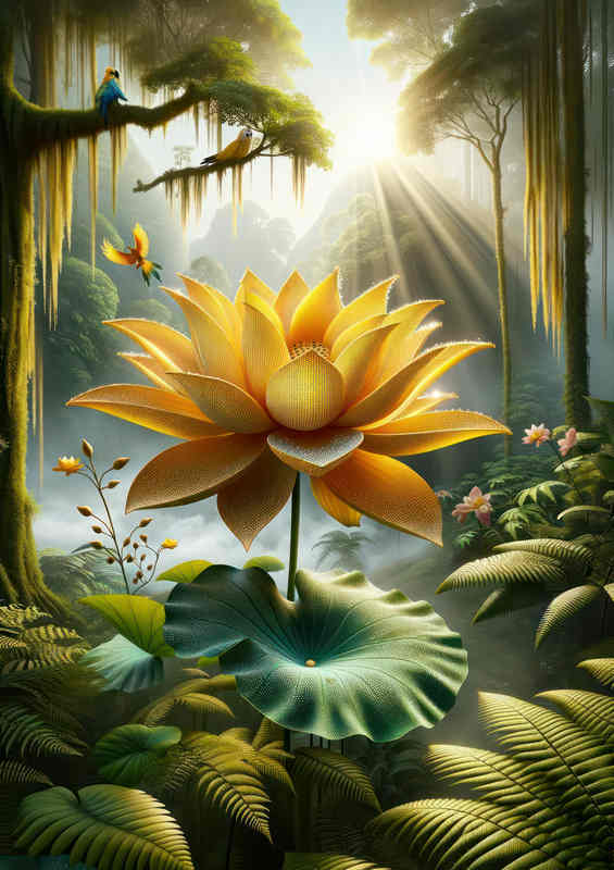 Golden Lotus in Rainforest Mist Metal Poster