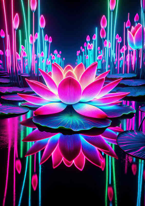Lotus flower illuminated in neon pink and blue hues