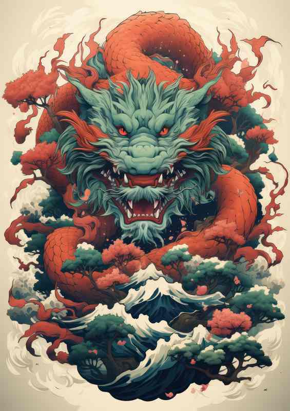 Japanese japan tree mountain art dragon overlooking