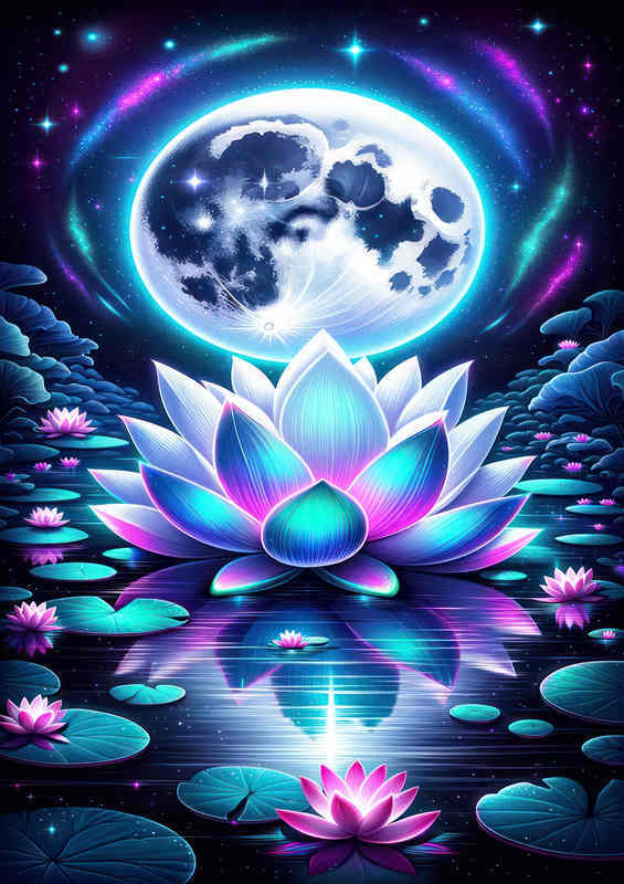 Lotus Moon Metal Poster with Neon Accents