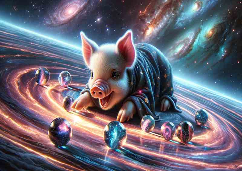 Interstellar Piglet Playing with Galaxy Marbles