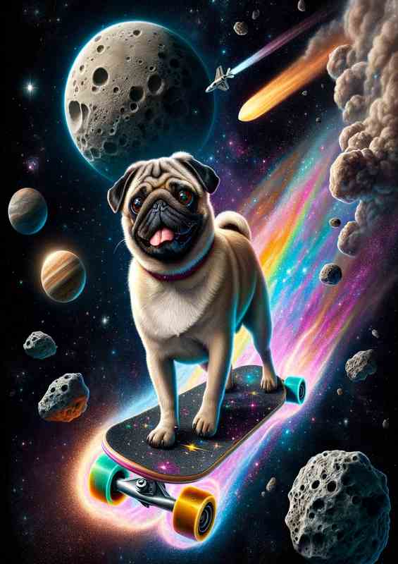 Space Pug on a Cosmic Skateboard