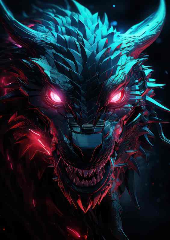 Neon style dragon head on a black and green background
