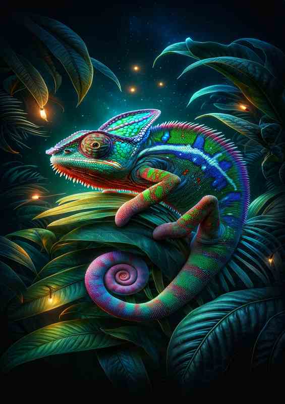 Vibrant Chameleon on Nocturnal Foliage