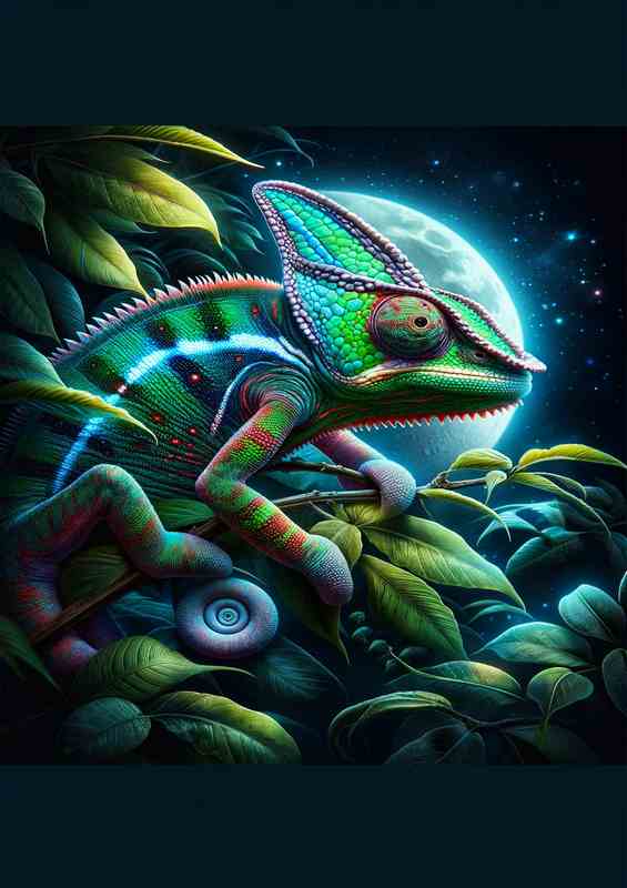Vibrant Chameleon on Nocturnal Foliage Backdrop