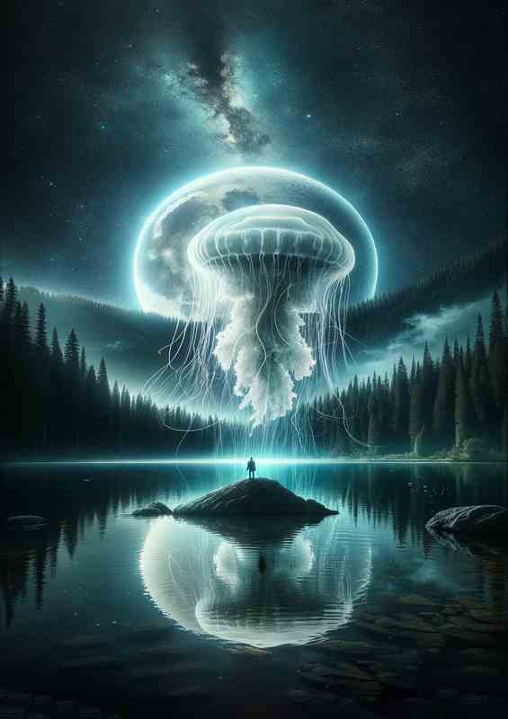 Jellyfish Orbiting Moon Over Lake at night