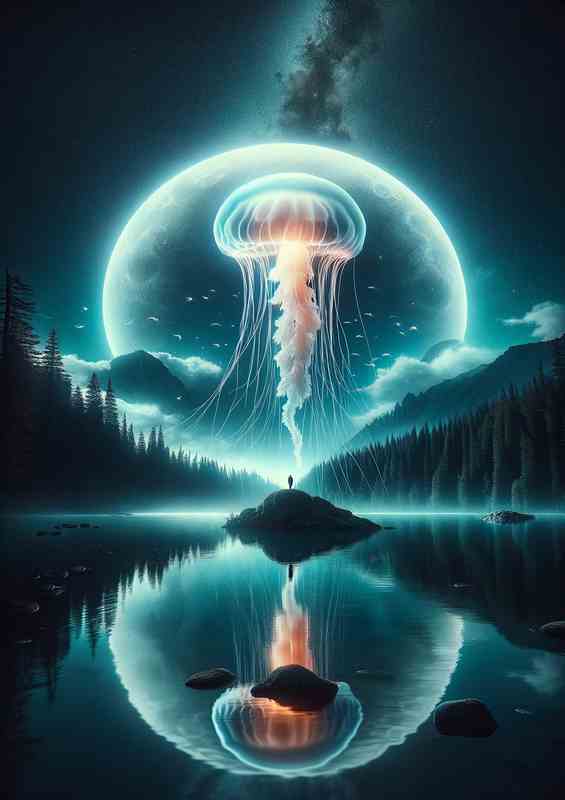 Surreal Jellyfish Orbiting Moon Over Lake