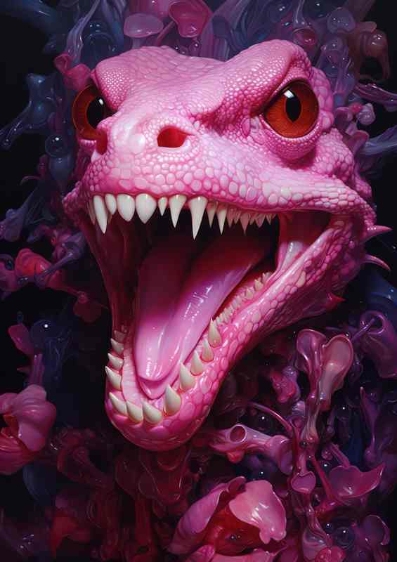Pink gummy lizard with fangs showing