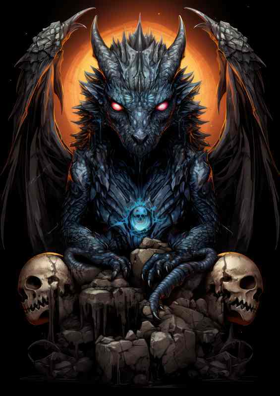 Small black dragon sitting on skull