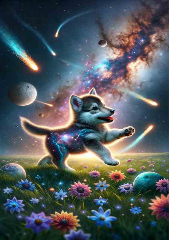 Cosmic Wolf Cub - Nebula Meadow Metal Poster