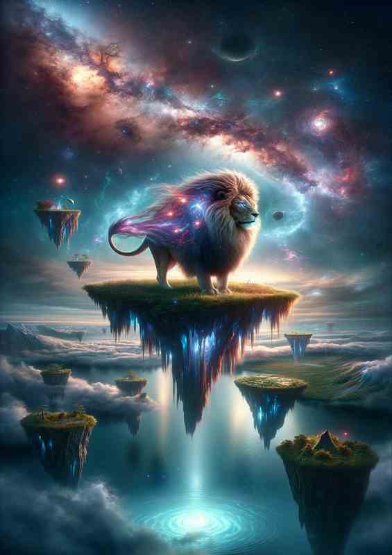A majestic lion with a mane made of flowing galaxies