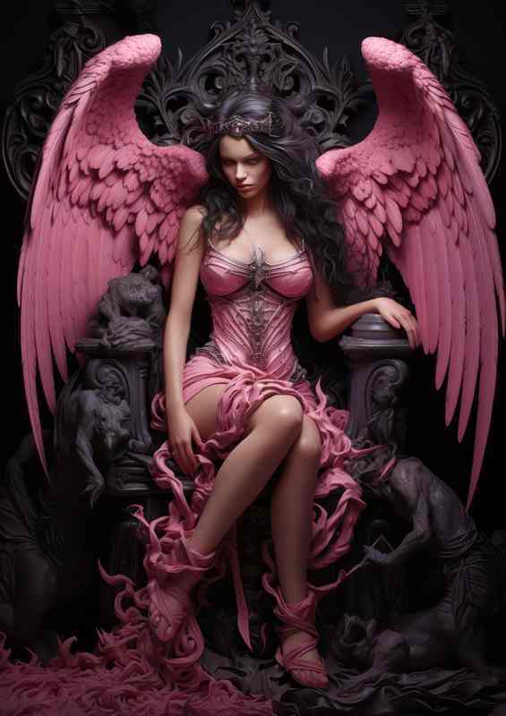 The Dark Angel with pink wings and pink dress